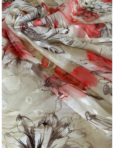 Tkanina szyfon żakard kwiaty koralowe